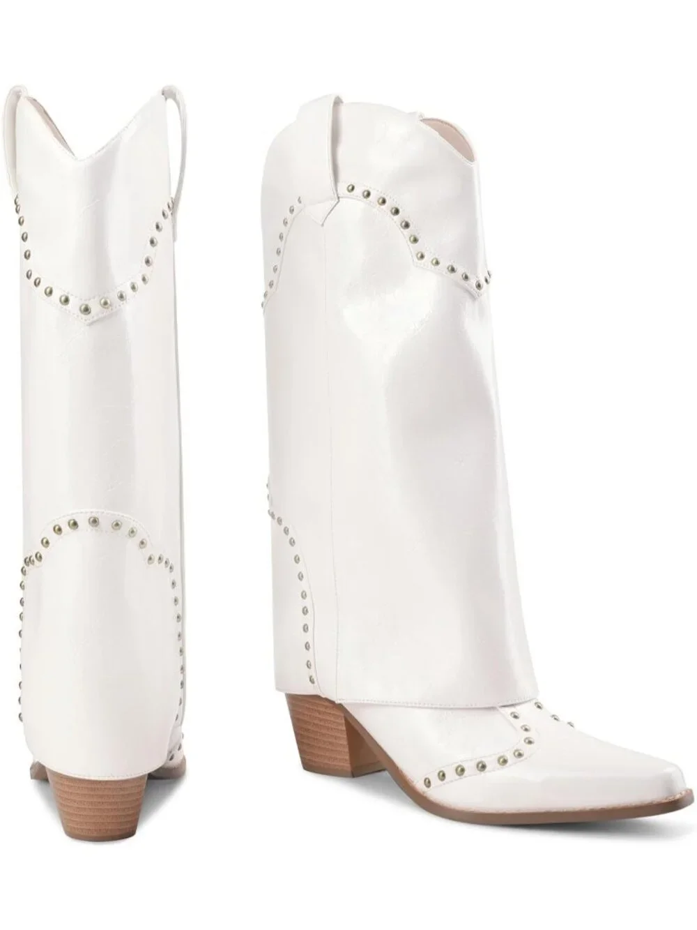 Women's White Faux Leather Over Boot Knee High Chunky Heel Snip Toe Cowgirl Boot